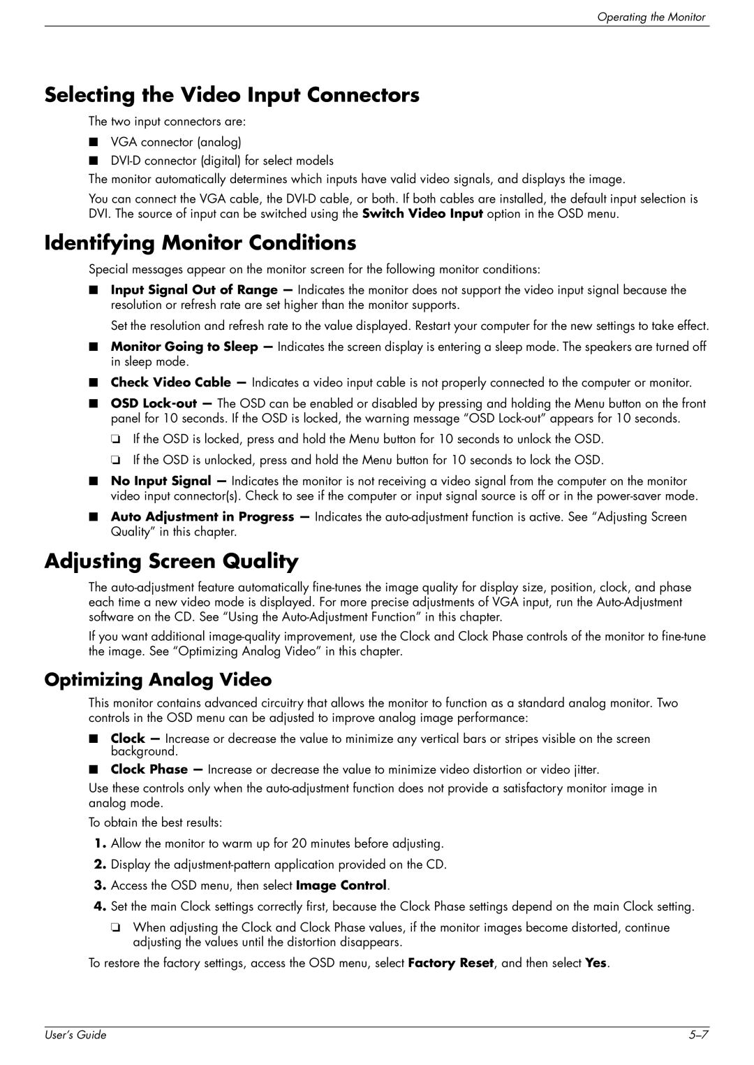 HP WF1907, w2007, w2207, vp19 Selecting the Video Input Connectors, Identifying Monitor Conditions, Adjusting Screen Quality 