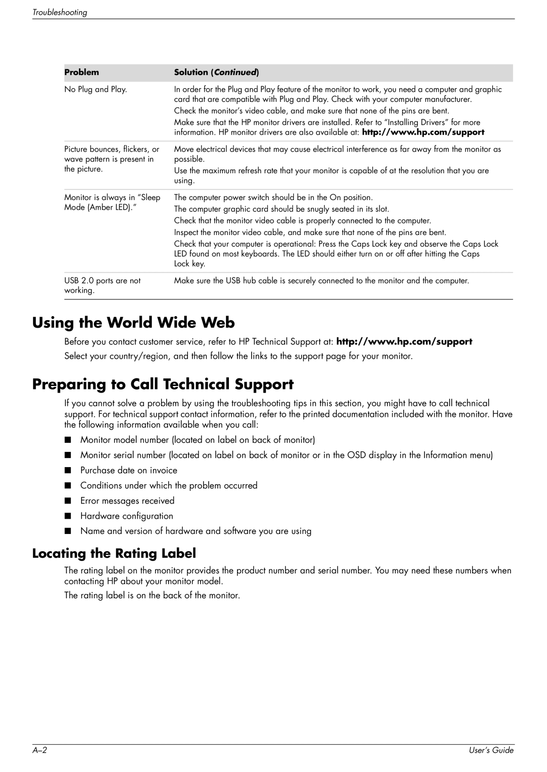 HP vp19, w2007, w2207, WF1907 manual Using the World Wide Web Preparing to Call Technical Support, Locating the Rating Label 