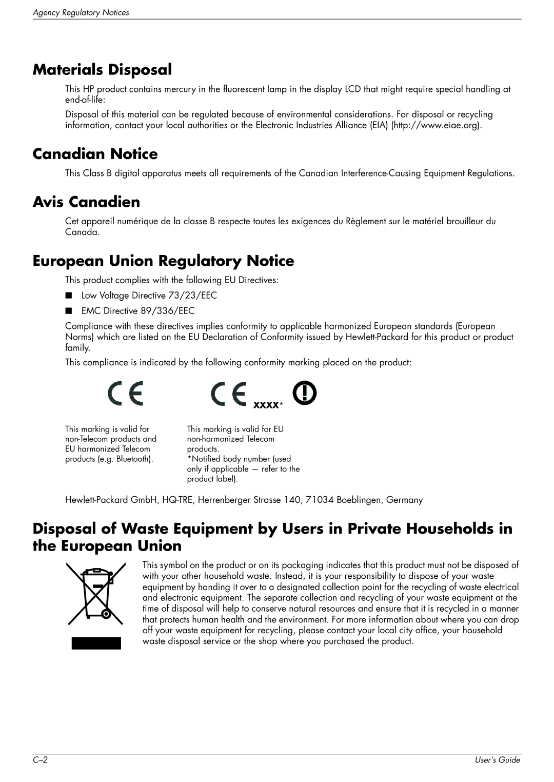 HP vp19, w2007, w2207, WF1907 manual Materials Disposal, Canadian Notice, Avis Canadien, European Union Regulatory Notice 