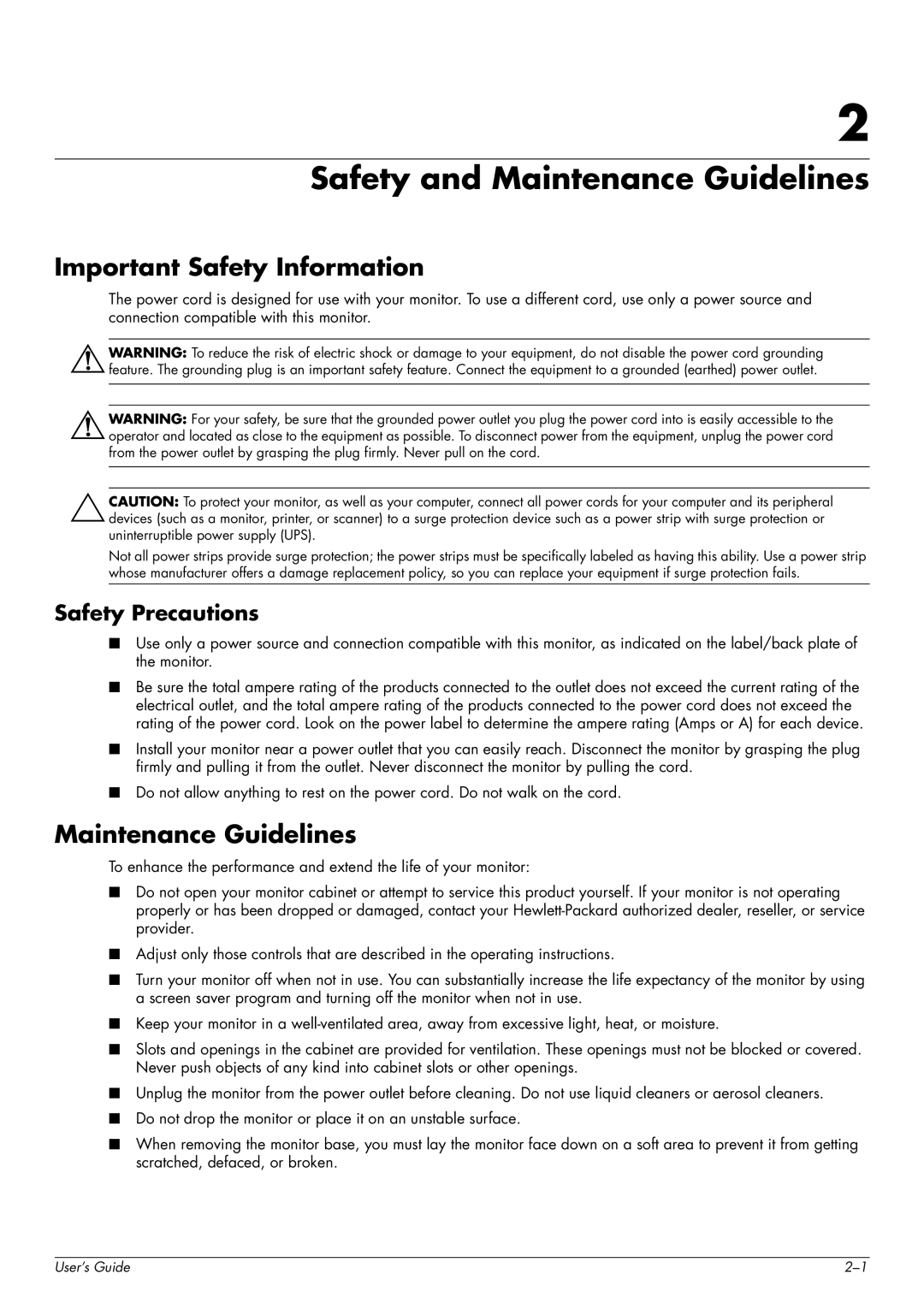 HP w2207, w2007, vp19, WF1907 manual Safety and Maintenance Guidelines, Important Safety Information, Safety Precautions 