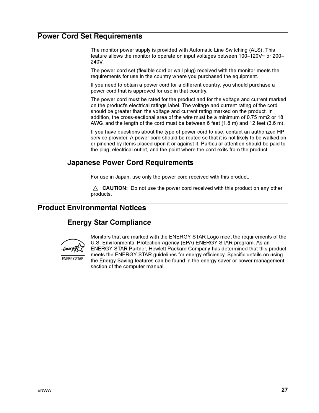 HP W1952A, W2072B, W2072A, W2071D, W1972A, W1971A, W2052A, LV2011Q Power Cord Set Requirements, Japanese Power Cord Requirements 