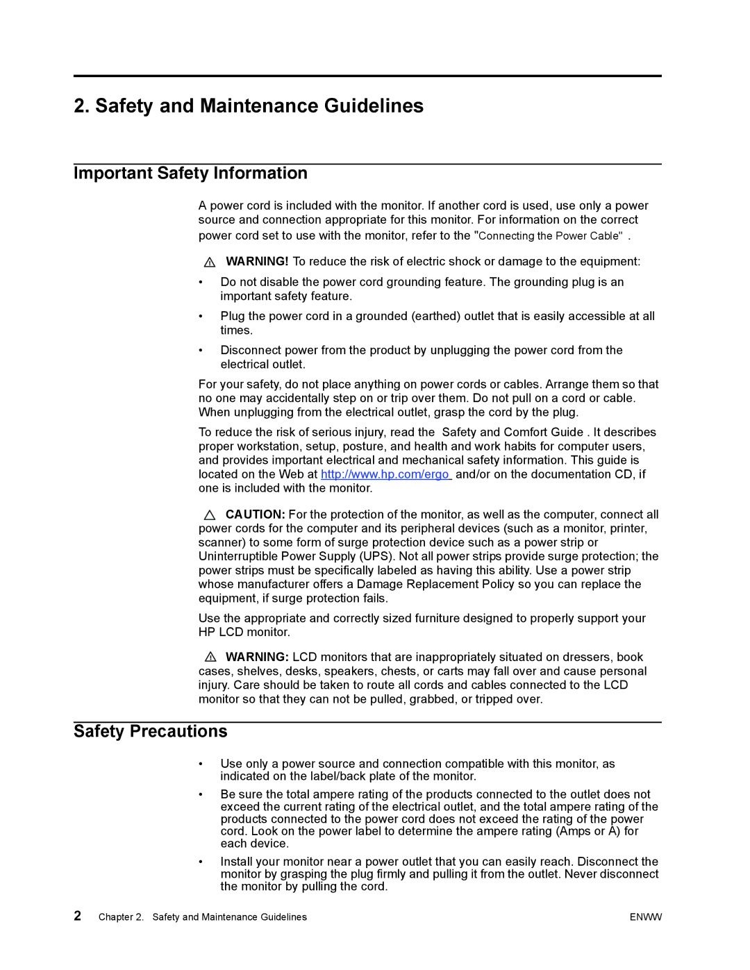 HP V191, W2072B, W2072A, W2071D, W1972A Safety and Maintenance Guidelines, Important Safety Information, Safety Precautions 