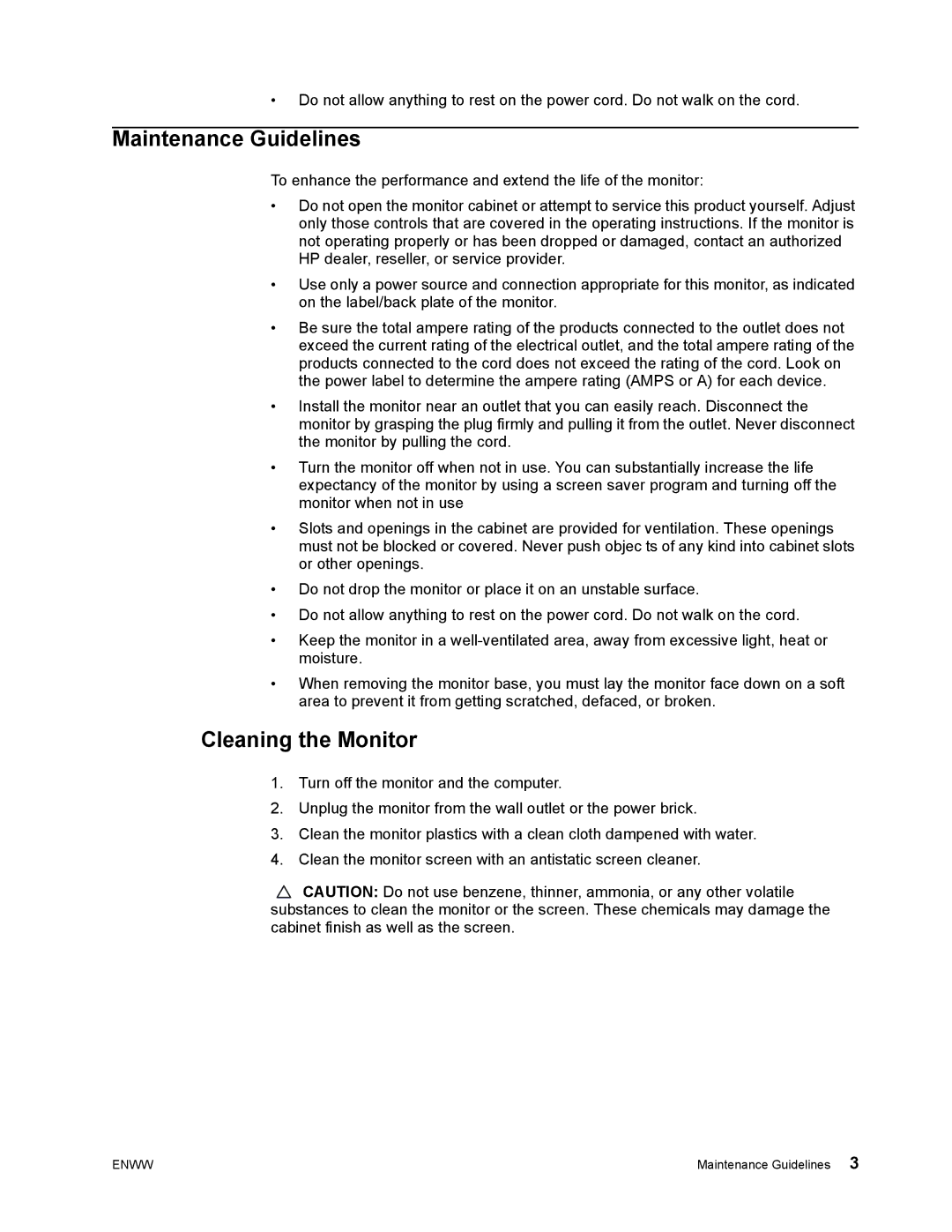 HP LV1911, W2072B, W2072A, W2071D, W1972A, W1971A, W2052A, LV2011Q, W1952A, W2371D Maintenance Guidelines, Cleaning the Monitor 