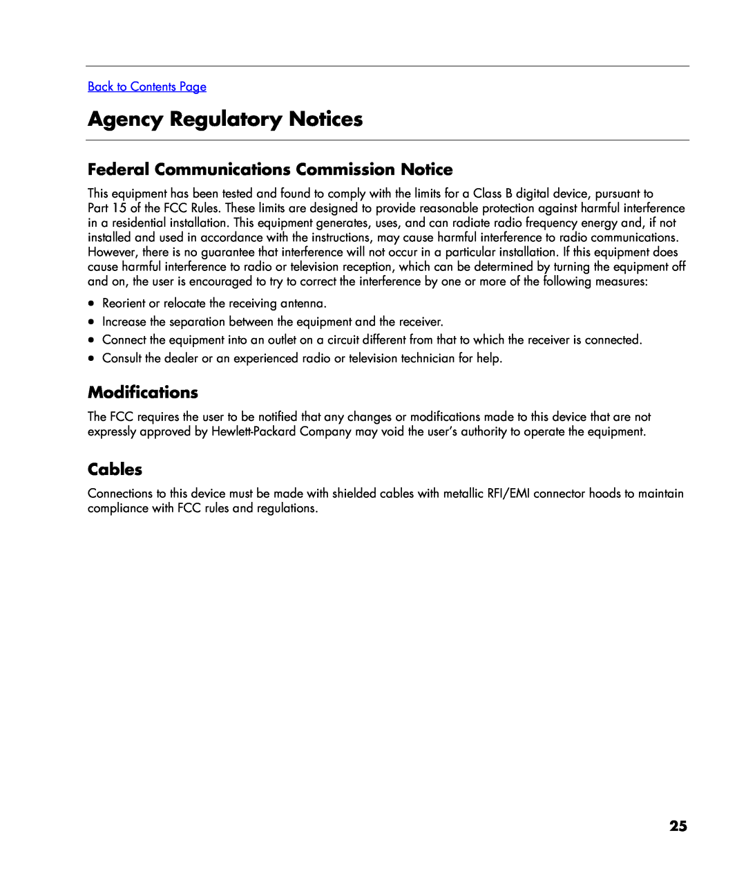 HP w20 Agency Regulatory Notices, Federal Communications Commission Notice, Modifications, Cables, Back to Contents Page 