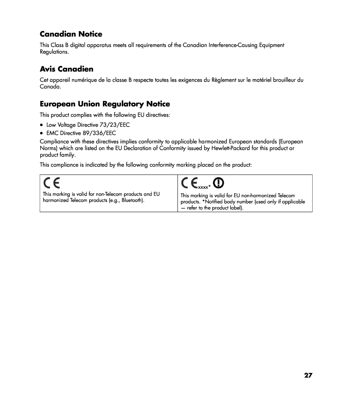 HP w20, w22 manual Canadian Notice, Avis Canadien, European Union Regulatory Notice 