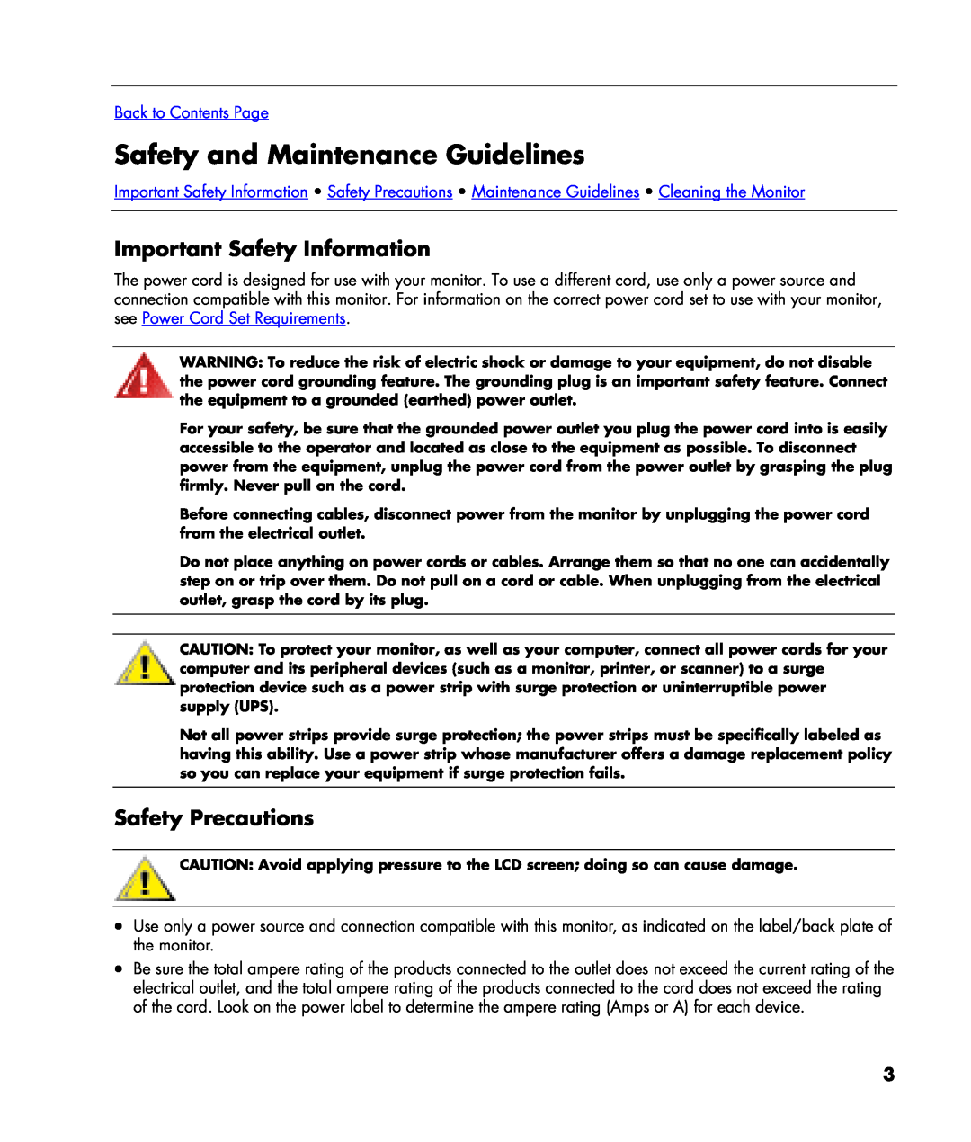 HP w20, w22 Safety and Maintenance Guidelines, Important Safety Information, Safety Precautions, Back to Contents Page 