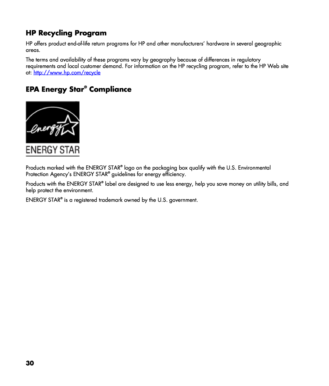 HP w22, w20 manual HP Recycling Program, EPA Energy Star Compliance 