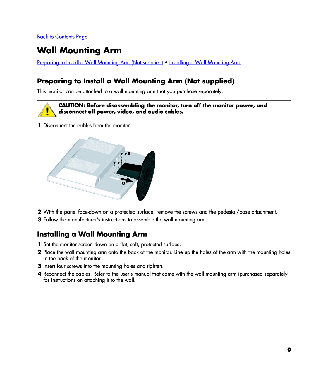 HP w20 Preparing to Install a Wall Mounting Arm Not supplied, Installing a Wall Mounting Arm, Back to Contents Page 