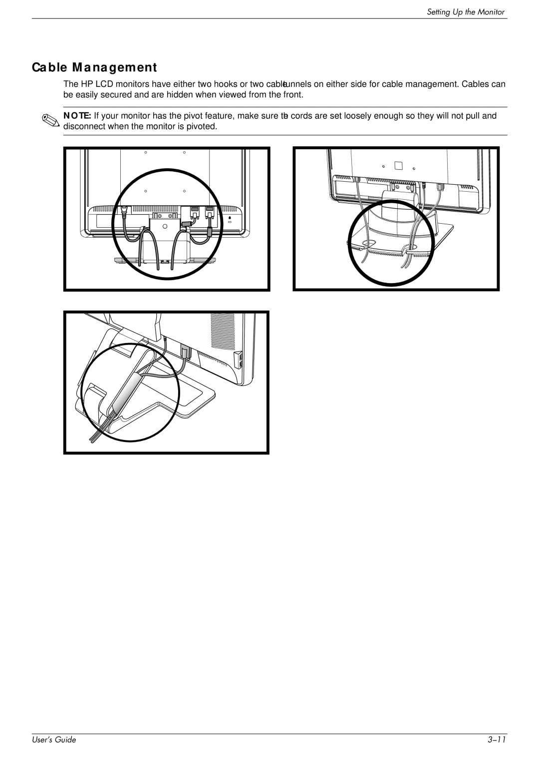 HP w1907 19 inch, w2207h 22 inch, w1707 17-inch, w2408h, vp17 17-inch, vp15 15 inch, vp15s 15 inch manual Cable Management 