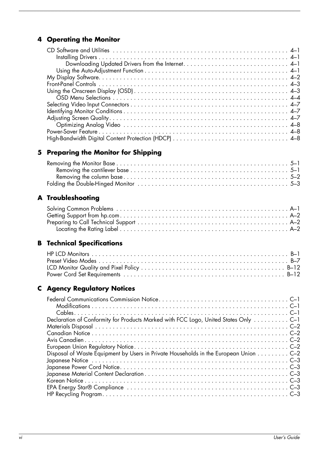 HP vp15s 15 inch manual Operating the Monitor, Preparing the Monitor for Shipping, Troubleshooting Technical Specifications 