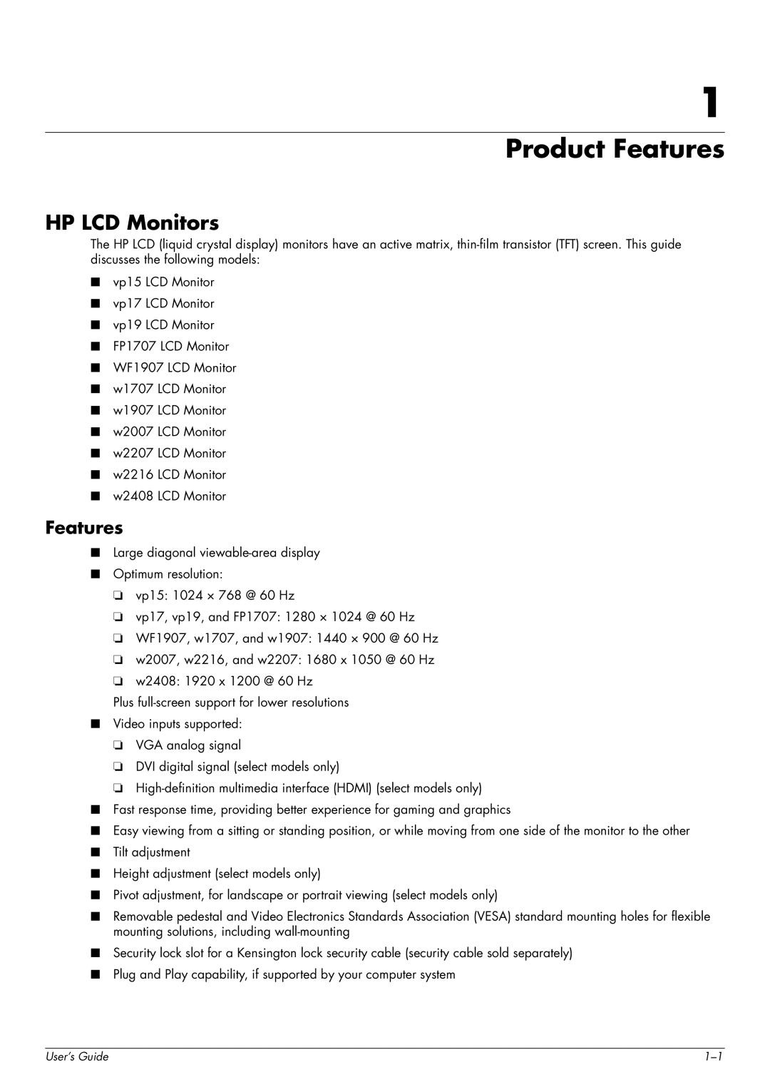 HP FP1707 17 inch, w2207h 22 inch, w1907 19 inch, w1707 17-inch, w2408h, vp17 17-inch manual Product Features, HP LCD Monitors 