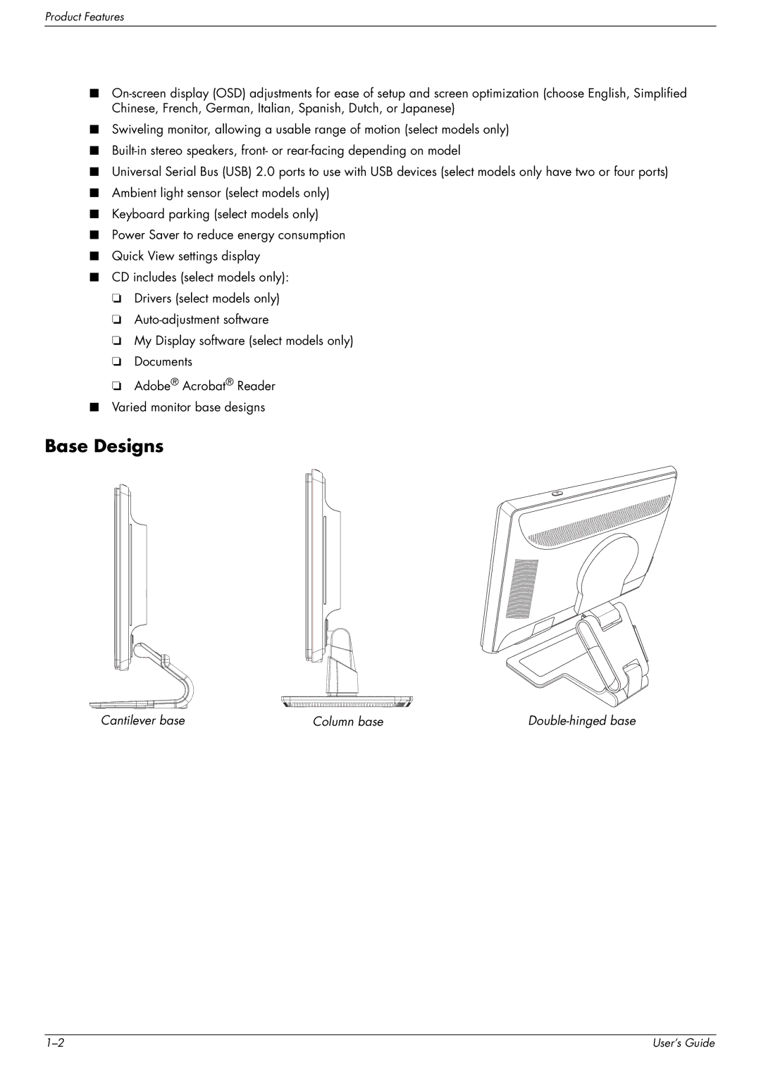 HP WF1907 19-inch, w2207h 22 inch, w1907 19 inch, w1707 17-inch, w2408h, vp17 17-inch, vp15 15 inch, vp15s 15 inch Base Designs 