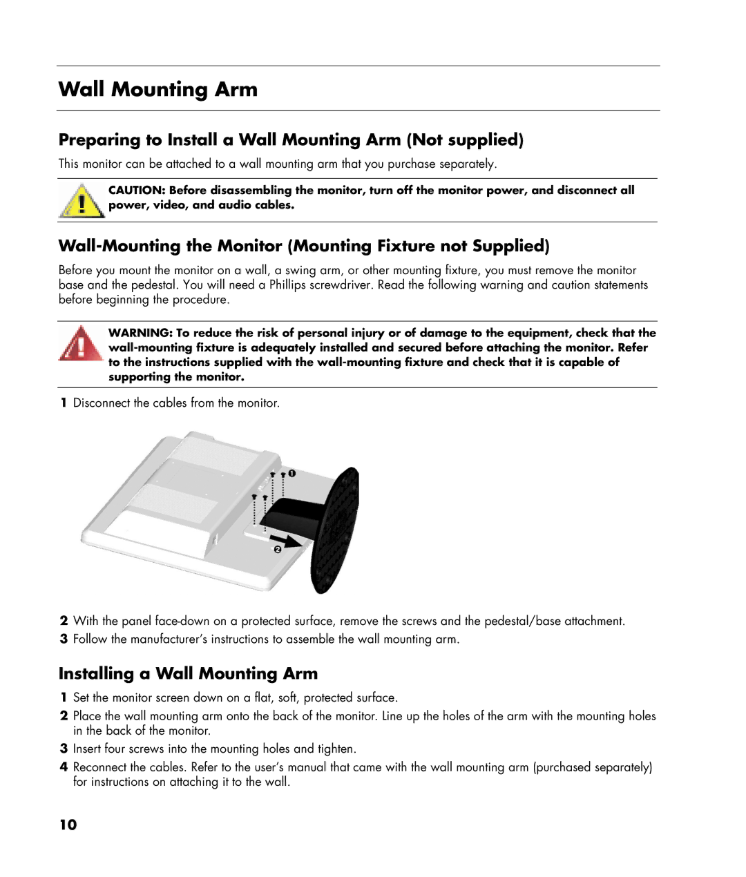 HP W220q manual Preparing to Install a Wall Mounting Arm Not supplied, Installing a Wall Mounting Arm 