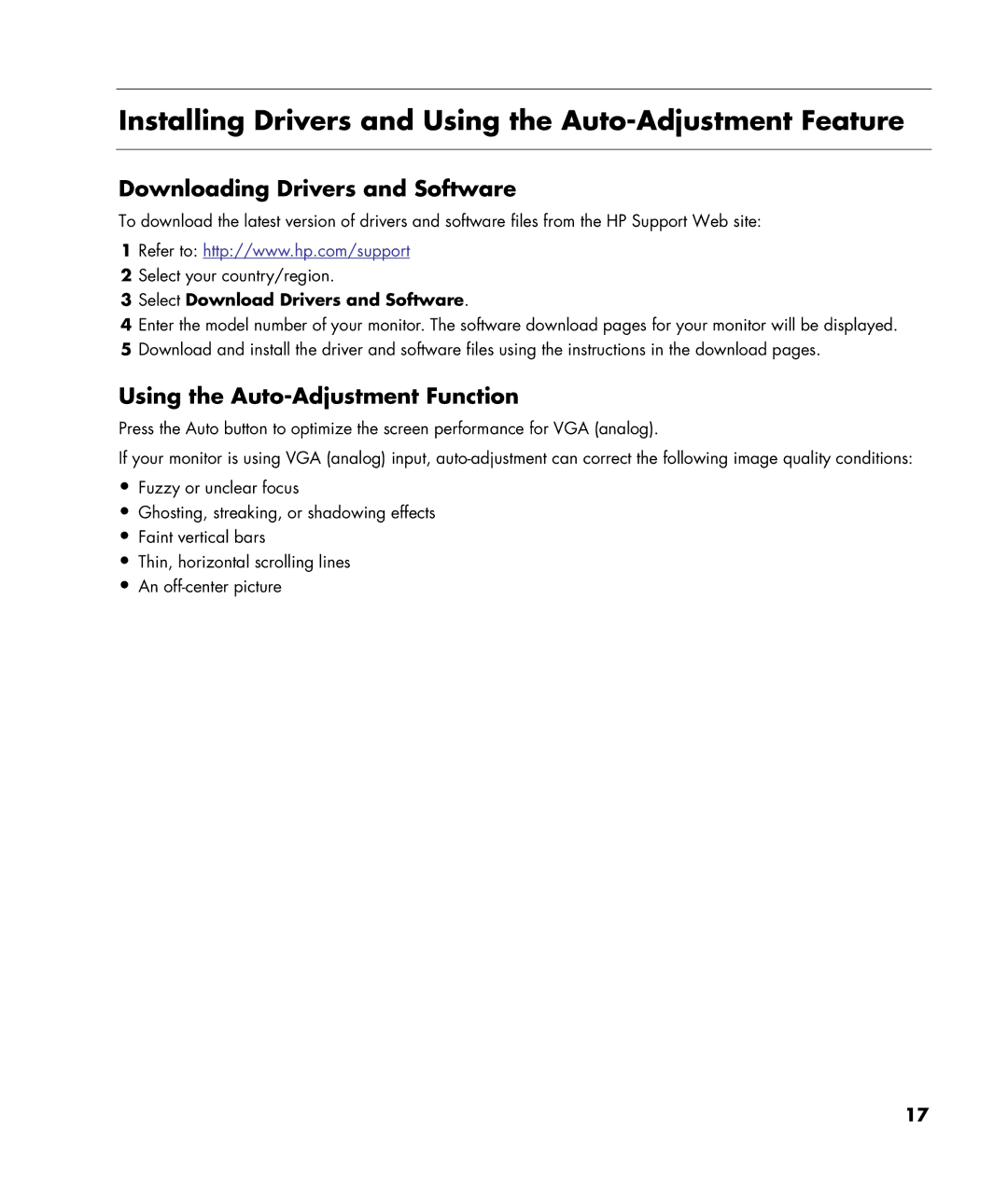 HP W220q manual Installing Drivers and Using the Auto-Adjustment Feature, Downloading Drivers and Software 