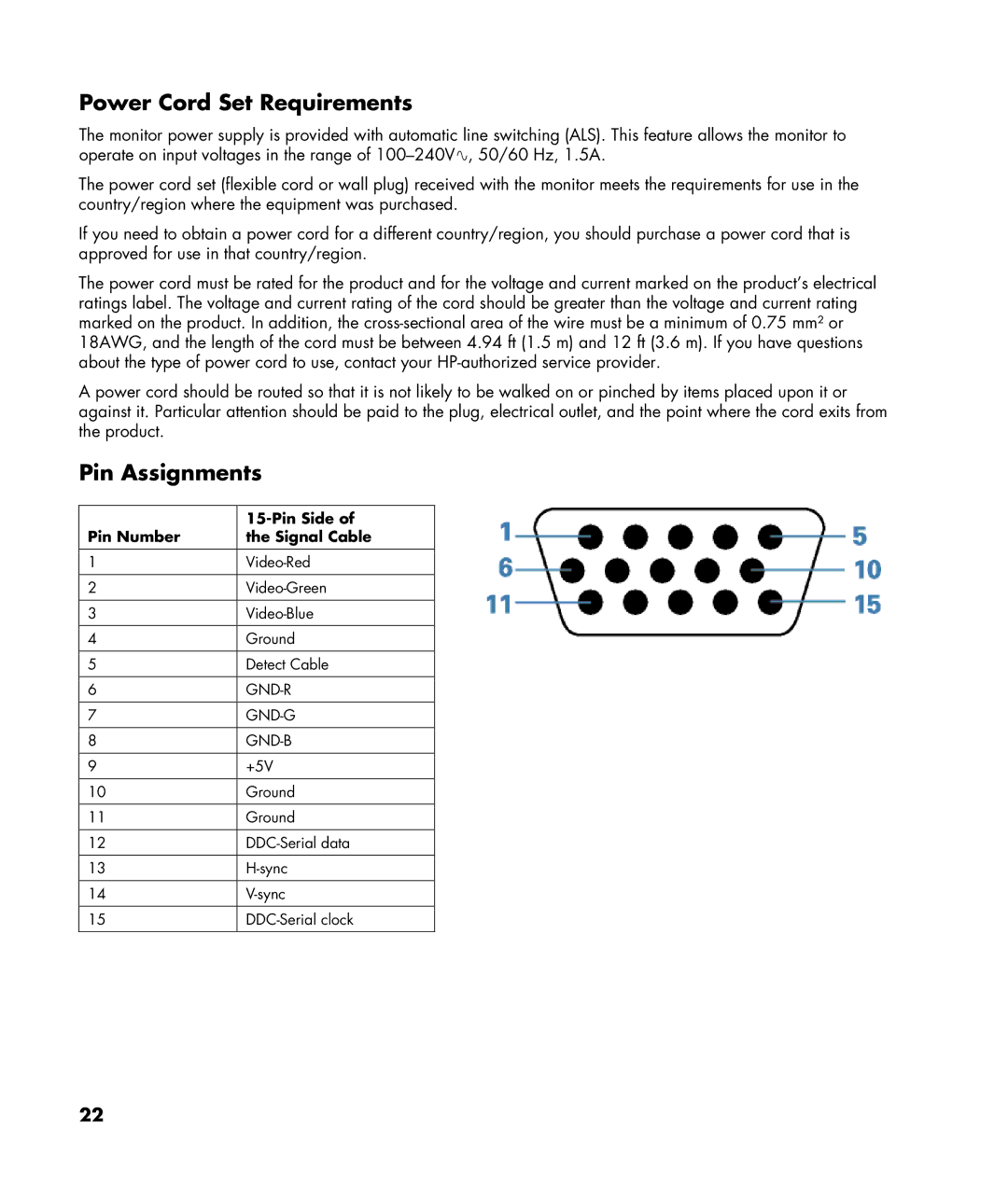 HP W220q manual Power Cord Set Requirements, Pin Assignments 