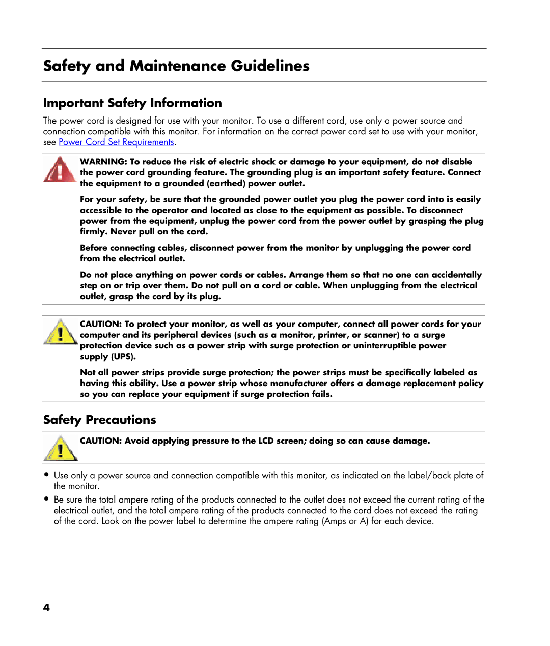 HP W220q manual Safety and Maintenance Guidelines, Important Safety Information, Safety Precautions 