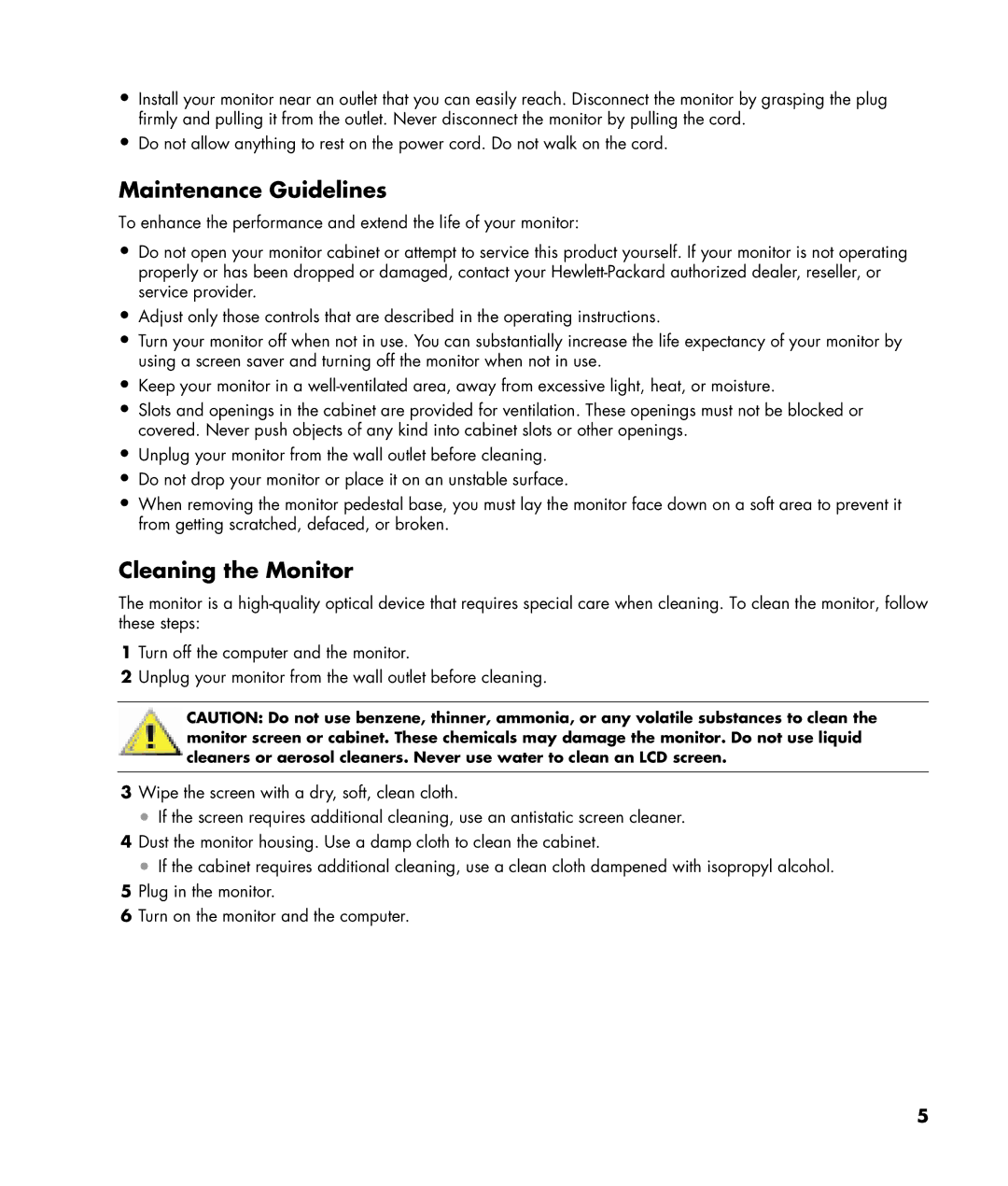 HP W220q manual Maintenance Guidelines, Cleaning the Monitor 