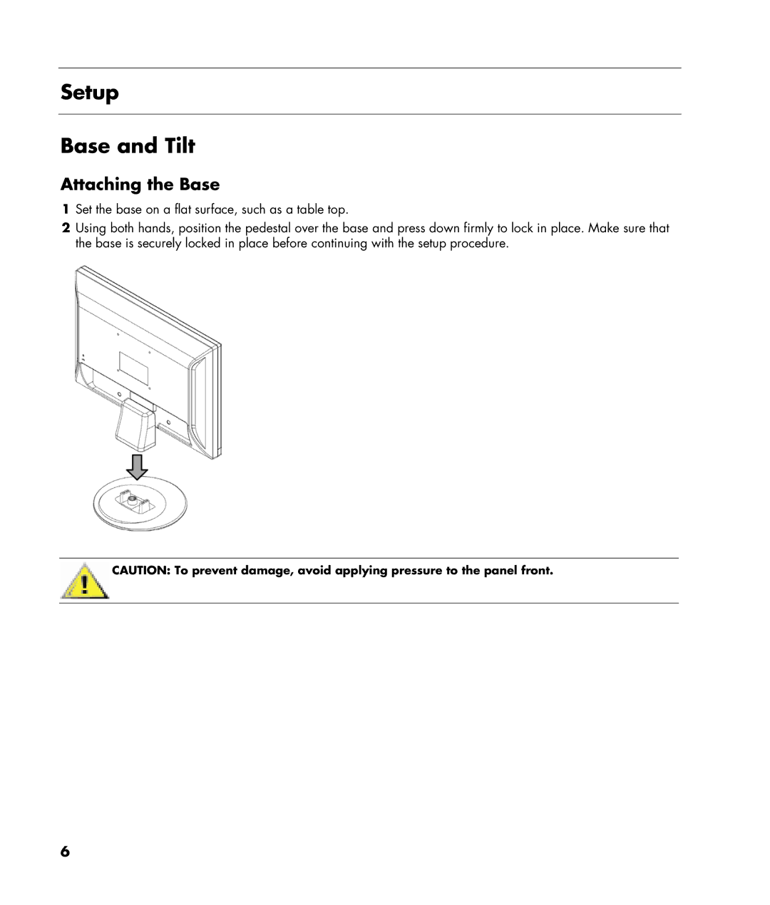 HP W220q manual Setup Base and Tilt, Attaching the Base 