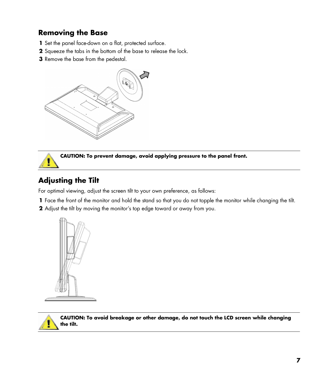 HP W220q manual Removing the Base, Adjusting the Tilt 