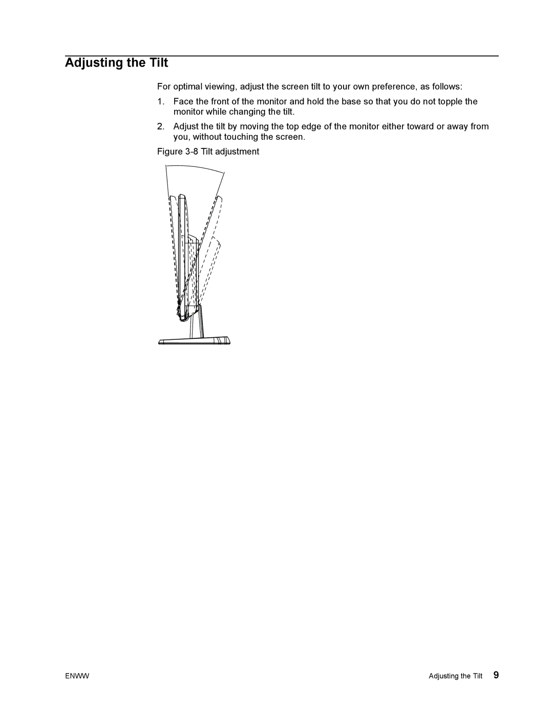 HP w2271d manual Adjusting the Tilt, Tilt adjustment 