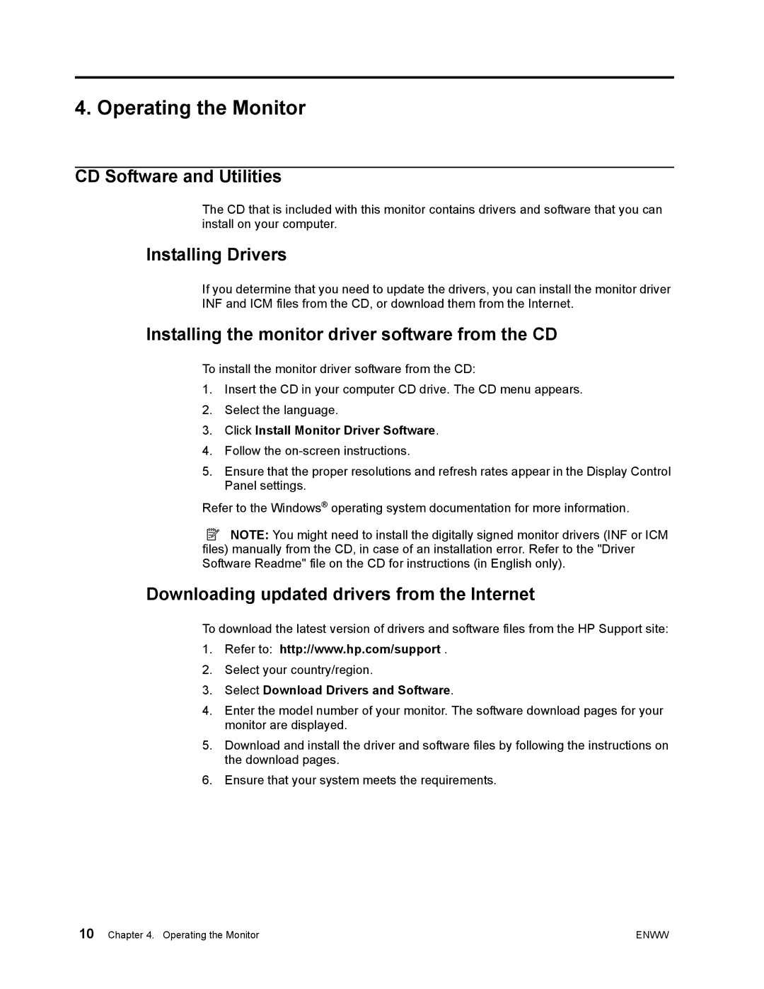 HP w2271d manual Operating the Monitor, CD Software and Utilities, Installing Drivers 