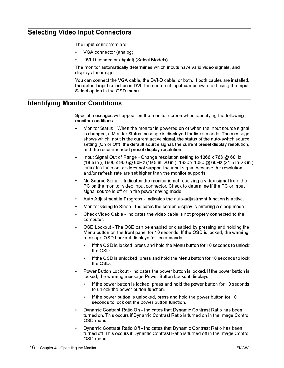 HP w2271d manual Selecting Video Input Connectors, Identifying Monitor Conditions 