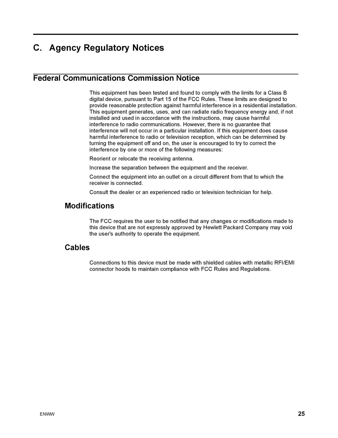 HP w2271d manual Agency Regulatory Notices, Federal Communications Commission Notice, Modifications, Cables 