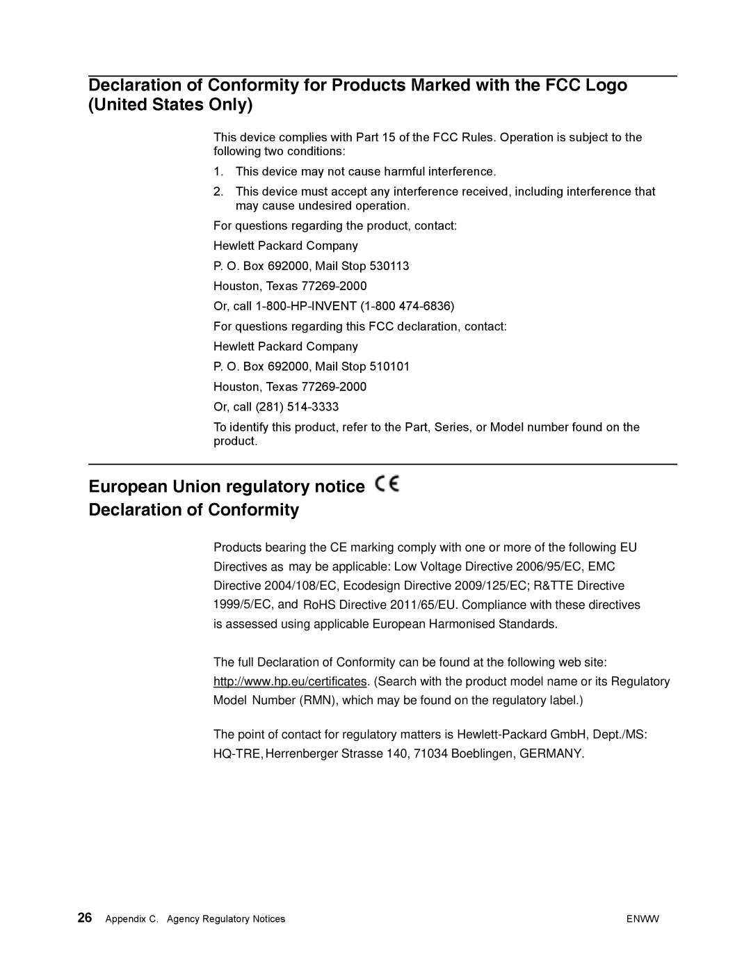 HP w2271d manual European Union regulatory notice Declaration of Conformity 