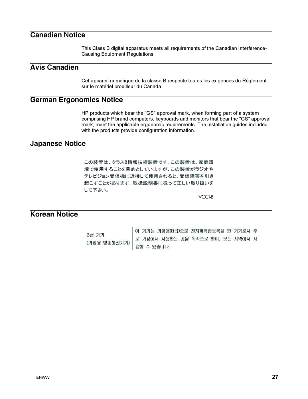 HP w2271d manual Canadian Notice, Avis Canadien, German Ergonomics Notice, Japanese Notice Korean Notice 