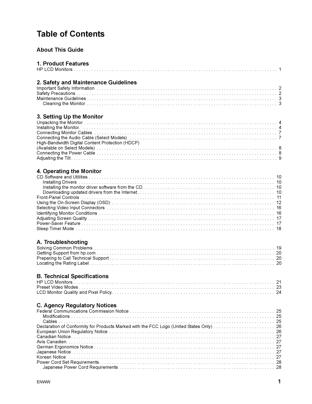 HP w2271d manual Table of Contents 