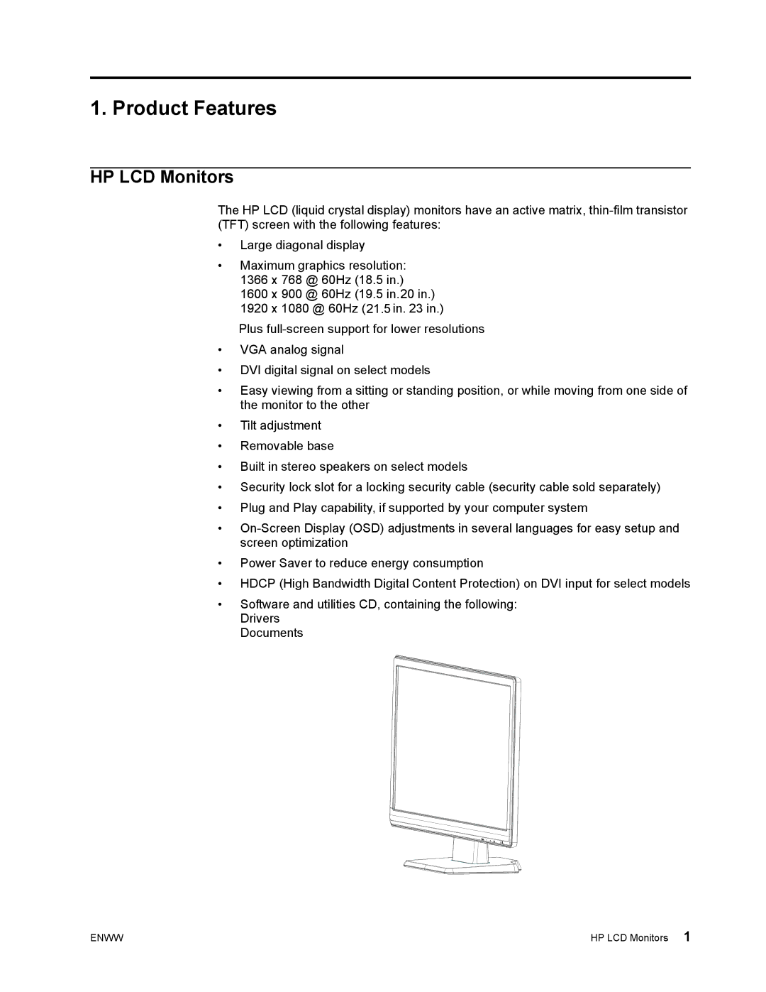 HP w2271d manual Product Features, HP LCD Monitors 