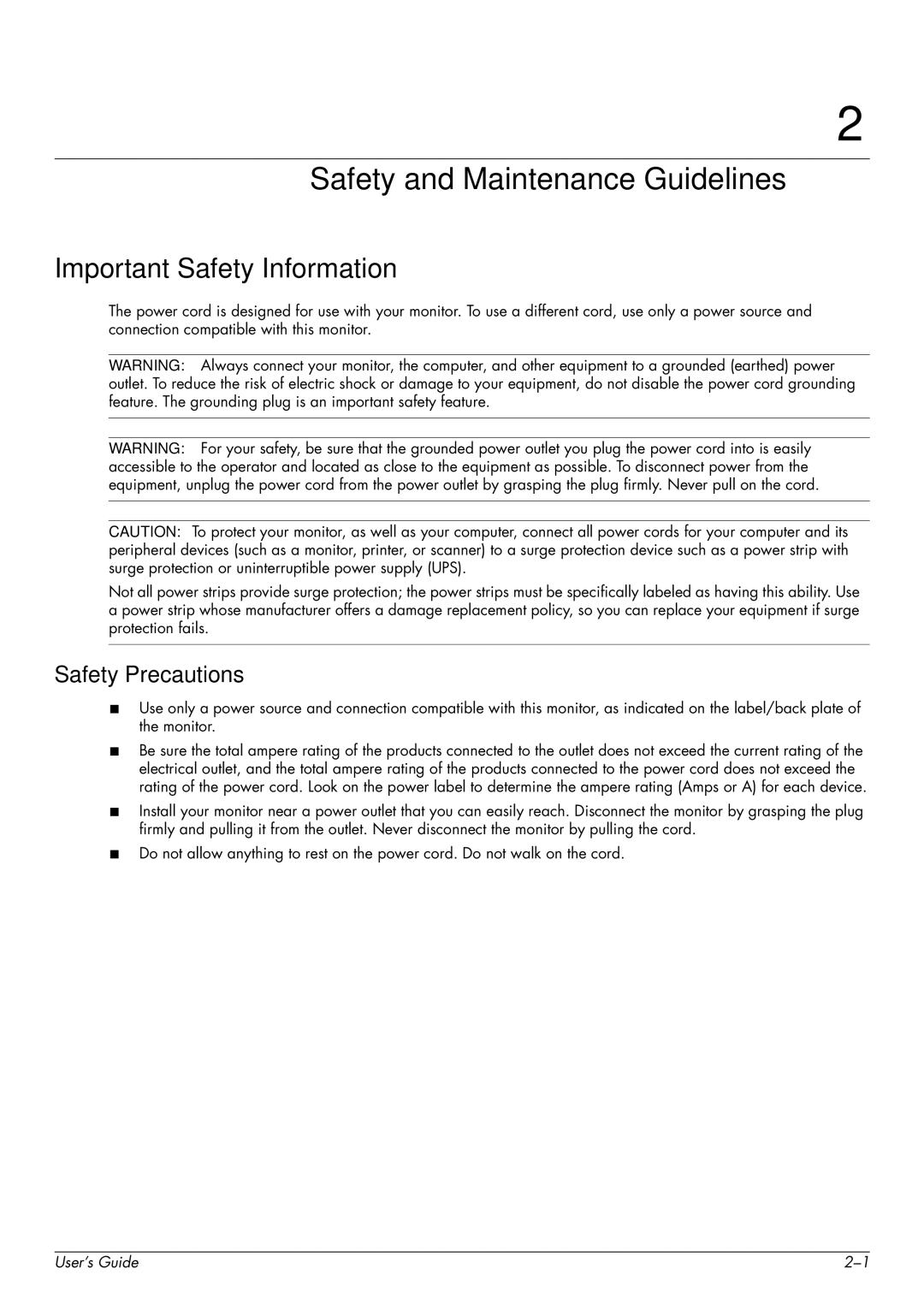 HP W1858, W2348H manual Safety and Maintenance Guidelines, Important Safety Information, Safety Precautions 