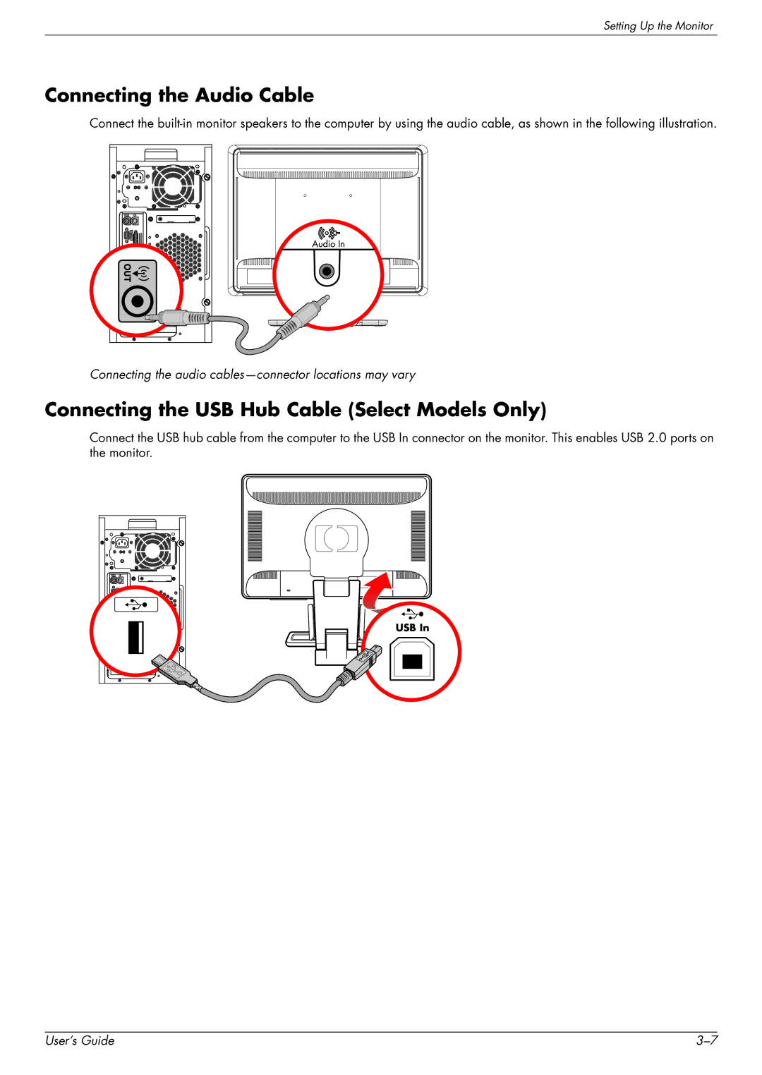 HP W1858, W2348H manual Connecting the Audio Cable, Connecting the USB Hub Cable Select Models Only 