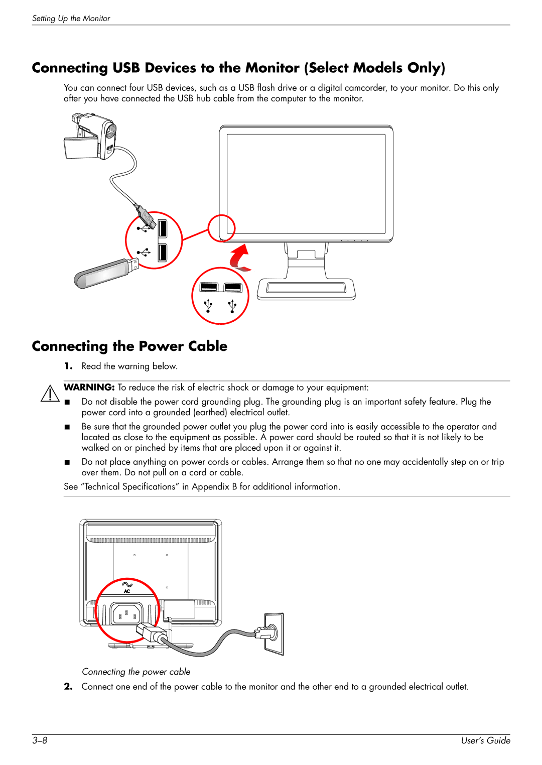 HP W2348H, W1858 manual Connecting USB Devices to the Monitor Select Models Only, Connecting the Power Cable 