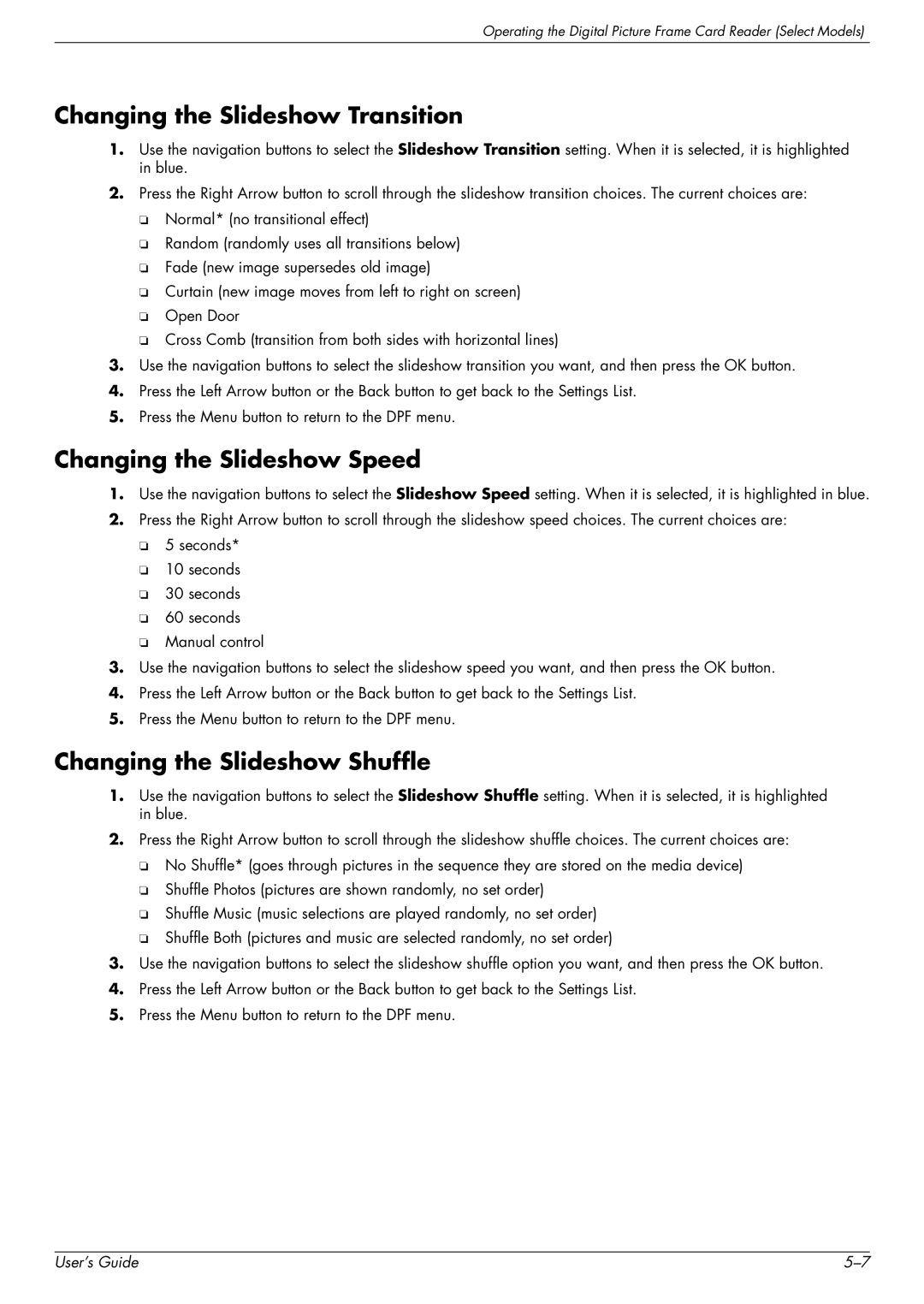 HP W1858, W2348H manual Changing the Slideshow Transition, Changing the Slideshow Speed, Changing the Slideshow Shuffle 