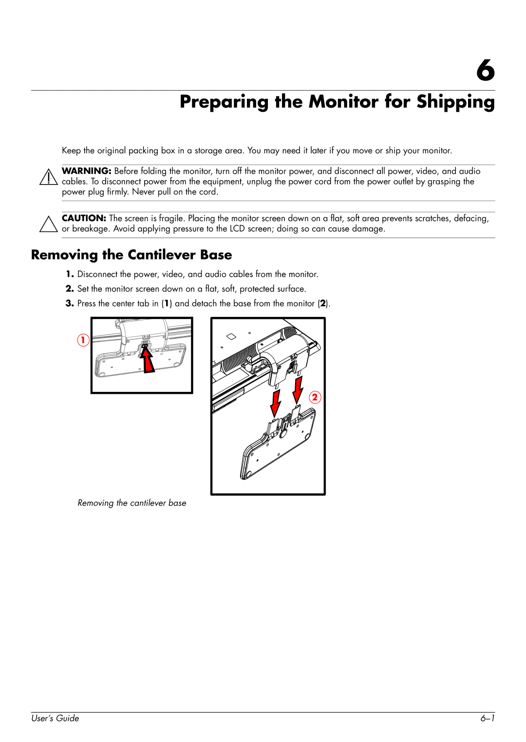 HP W1858, W2348H manual Preparing the Monitor for Shipping, Removing the Cantilever Base 