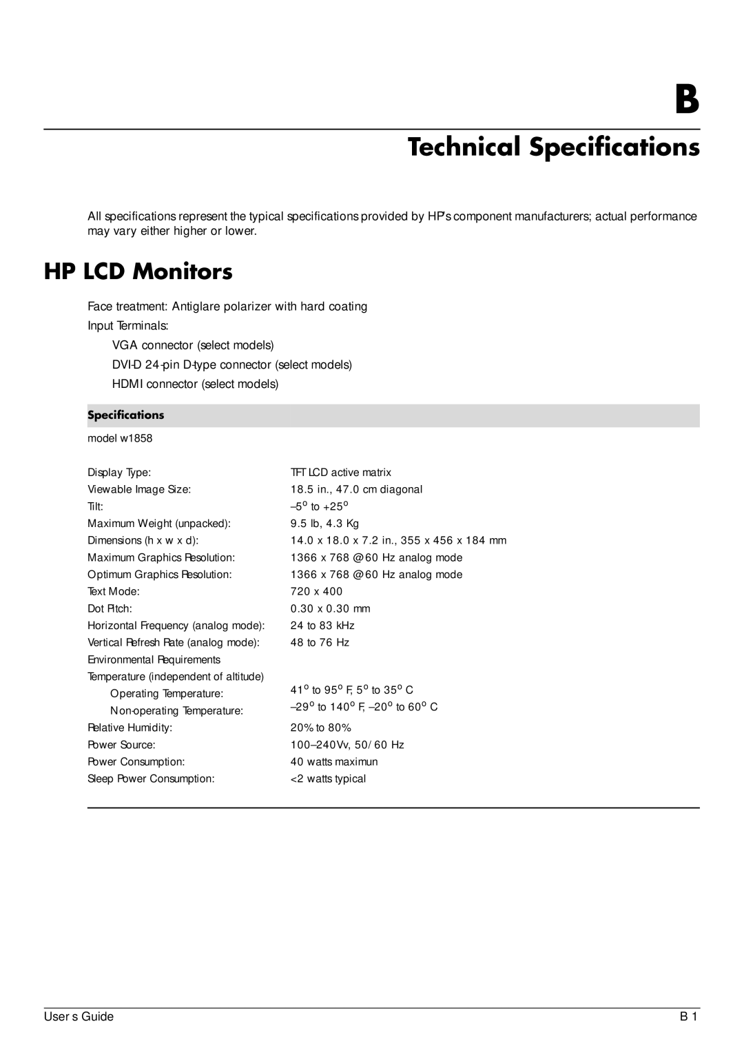 HP W1858, W2348H manual Technical Specifications, Specifications model w1858 