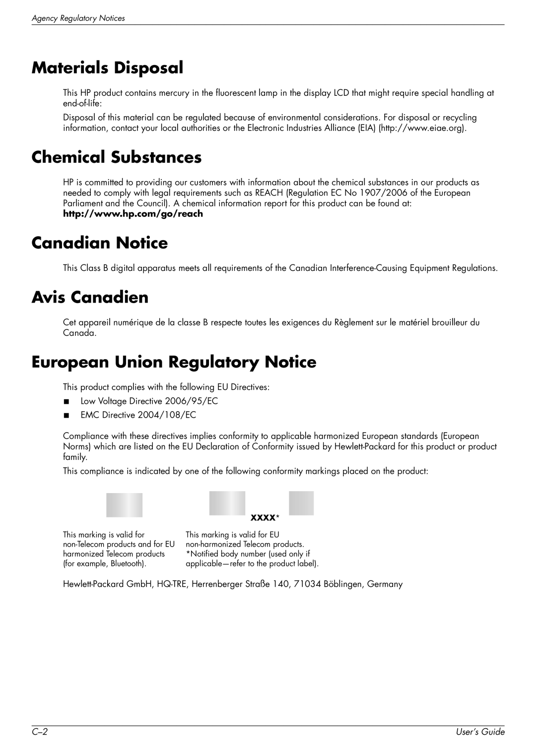 HP W2348H, W1858 Materials Disposal, Chemical Substances Canadian Notice, Avis Canadien, European Union Regulatory Notice 