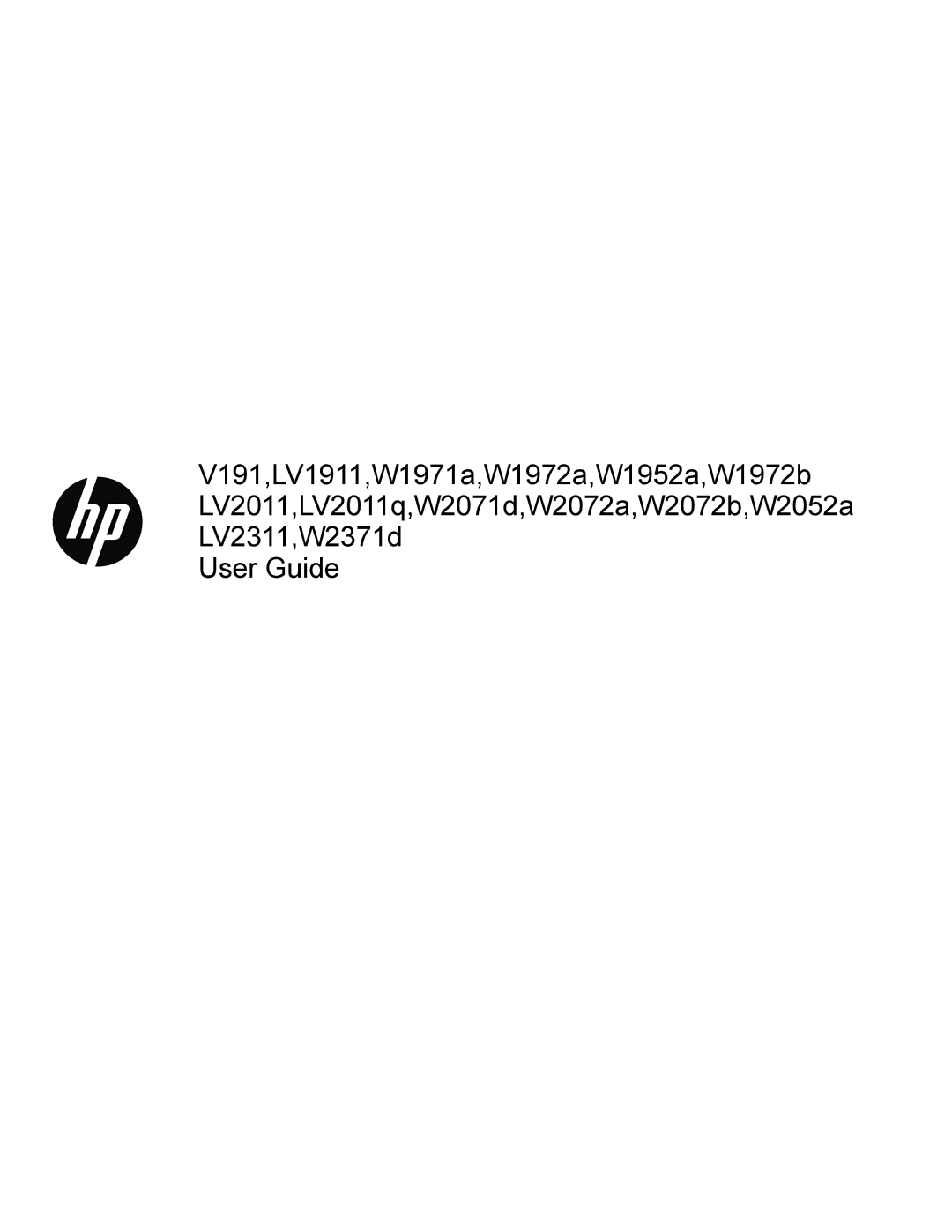 HP W2072B, W2371d 23' B3A19AA#ABA, W2072a 20' A3M50AA#ABA, W2072A, W1972B, W2071D, W1972A, W1971A, W2052A, LV2011Q, W1952A manual 