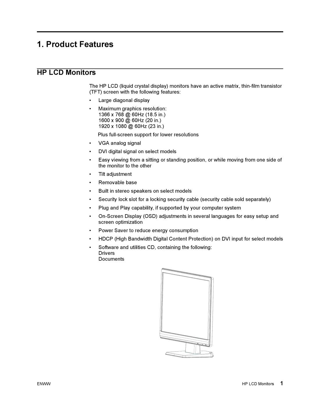 HP W1971A, W2371d 23' B3A19AA#ABA, W2072B, W2072a 20' A3M50AA#ABA, W2072A, W1972B, W2071D Product Features, HP LCD Monitors 