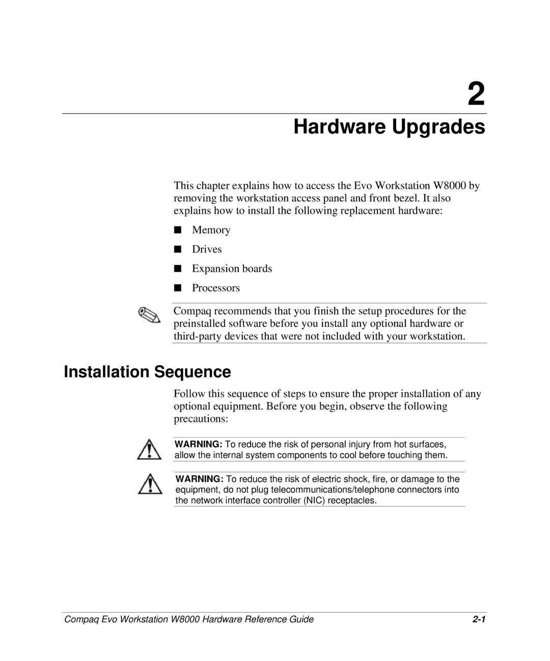 HP w8000 manual Hardware Upgrades, Installation Sequence 