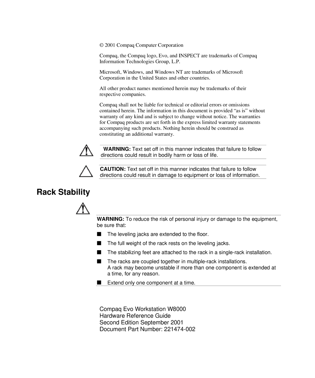 HP w8000 manual Rack Stability 