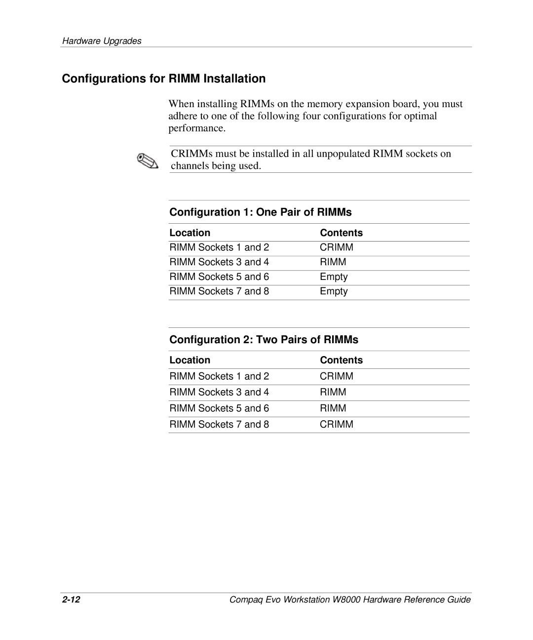 HP w8000 manual Configurations for Rimm Installation, Configuration 2 Two Pairs of RIMMs 