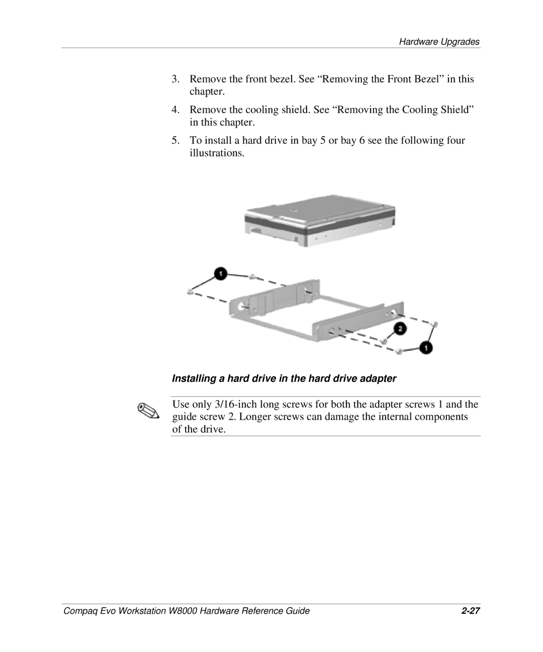 HP w8000 manual Installing a hard drive in the hard drive adapter 