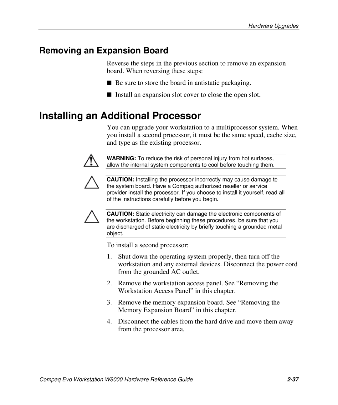HP w8000 manual Installing an Additional Processor, Removing an Expansion Board 