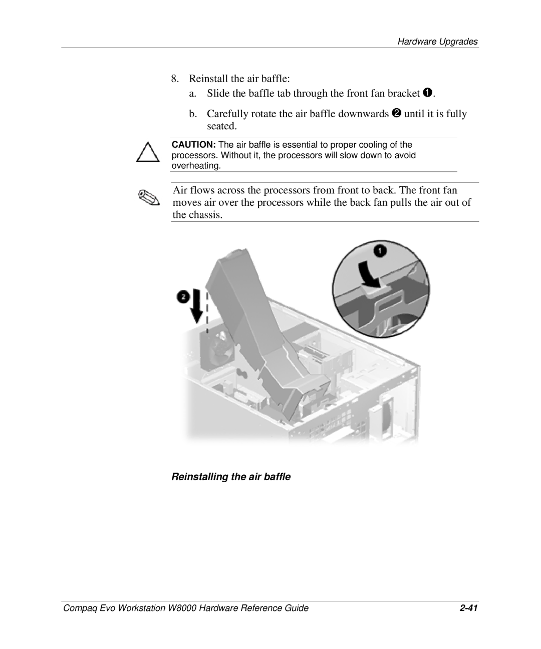 HP w8000 manual Reinstalling the air baffle 