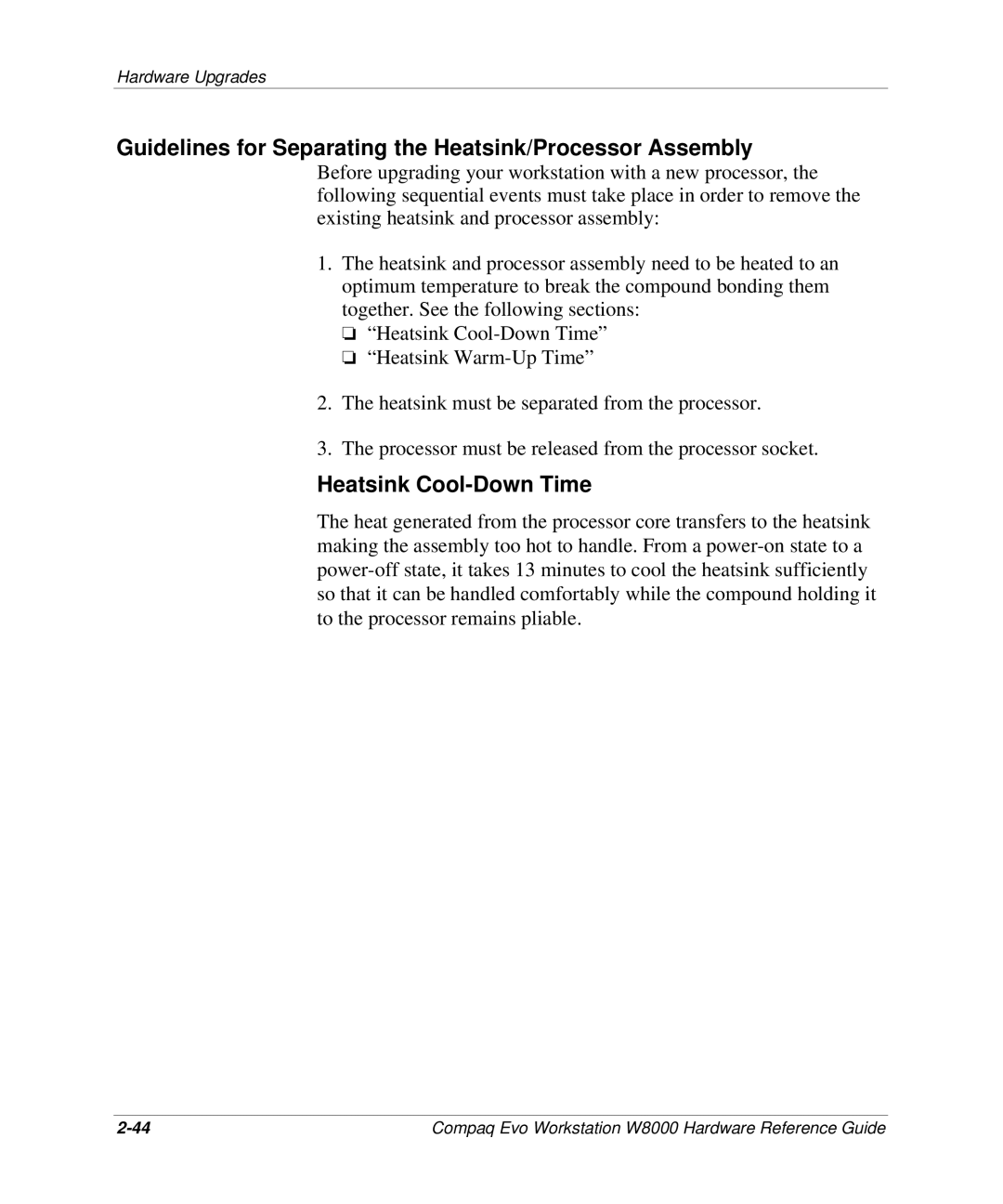 HP w8000 manual Guidelines for Separating the Heatsink/Processor Assembly, Heatsink Cool-Down Time 