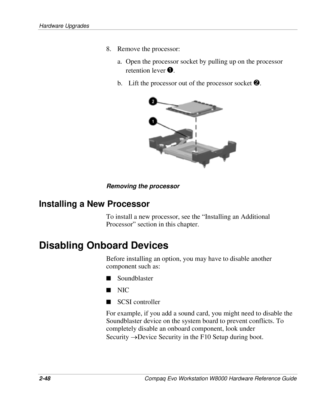 HP w8000 manual Disabling Onboard Devices, Installing a New Processor 