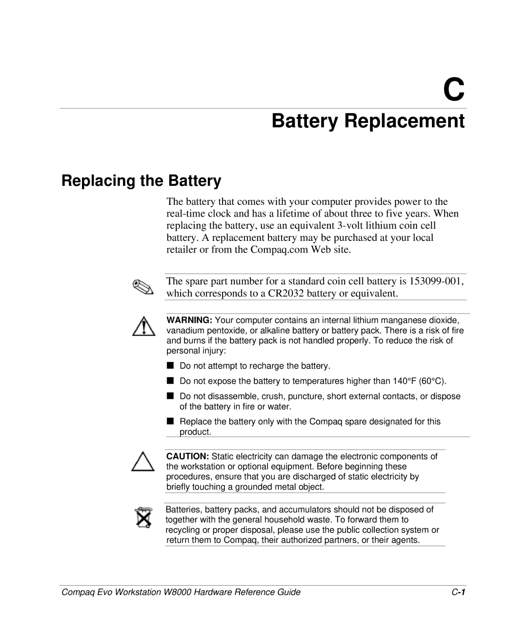 HP w8000 manual Battery Replacement, Replacing the Battery 