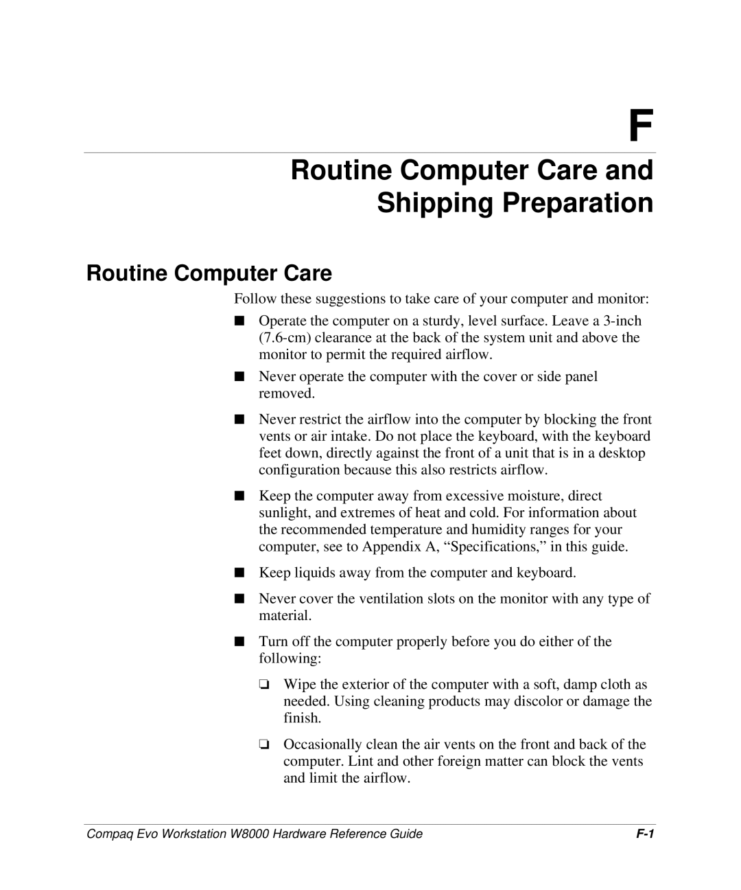 HP w8000 manual Routine Computer Care Shipping Preparation 